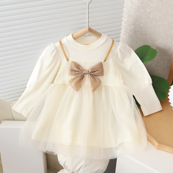 Girls Autumn Clothing Dress Puff Sleeve Bow - Image 3