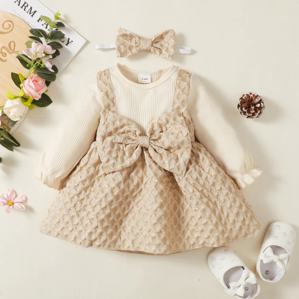 Baby Sweet Solid Color Bowknot Decor Long Sleeve Dress With Headband One-Piece Infant Birthday Outfit For Girls