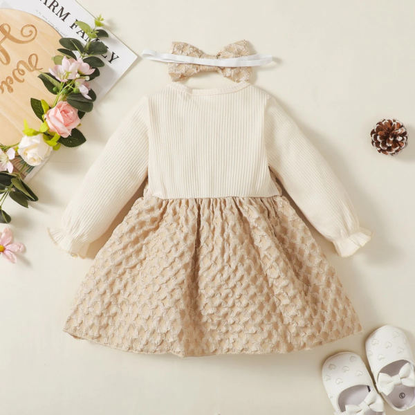 Baby Sweet Solid Color Bowknot Decor Long Sleeve Dress With Headband One-Piece Infant Birthday Outfit For Girls - Image 3
