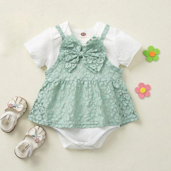 0-18 Months Newborn Infant Baby Girl Romper Summer Short Sleeve Jumpsuit+Lace Sling Dress Sets 2 Pcs Outfits Clothes