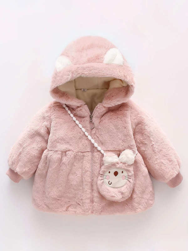 BABY 3D EAR DESIGN TEDDY HOODED COAT WITH BAG