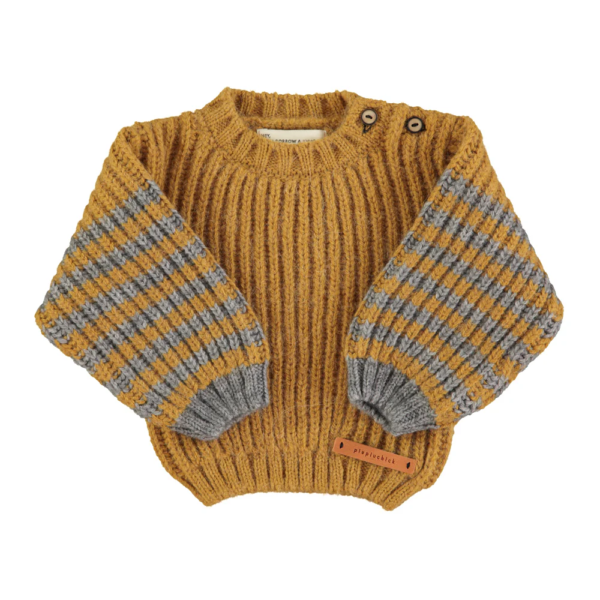 KNITTED BABY SWEATER ICAMEL & GREY STRIPES